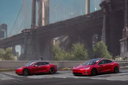 A Tesla 'Model S' is racing at top speed, near the 'Pier 11' in Manhattan. (CINEMATIC, WIDE ANGLE LENS, PHOTO REAL)