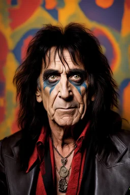 head and shoulders portrait, Alice Cooper - a multicolored cement wall in the background,