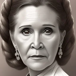 hyperspace background, complete and photo realistic detailed head to waist stunning photo realistic portrait of carrie fisher as Princess Leia in star wars with photo realistic minimal updo hair by Mandy Jurgens and mucha and Richard Schmid and chuck close and chie yoshii, extraordinary and detailed ceremony dress of star wars,brown eyes