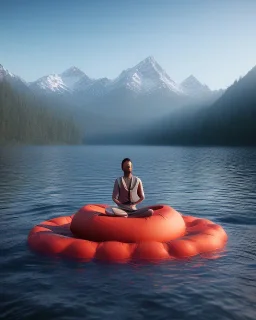 person meditating floating above water with mountains in the background