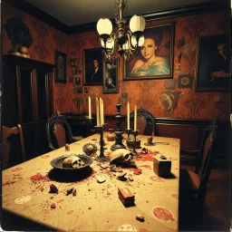 Close up polaroid photography of spooky room, eerie, table, Max Ernst, hypnotic, obsessive, hypermaximalist, colors, details of the table very accentuated, filthy pieces of dismebered body, strong contrasts and dynamism