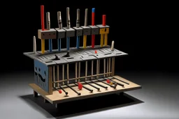 A gray xylophone designed in Javanese shadow puppets painted by Stuart Davis