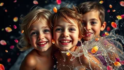 Magical Fantastic young happy children, Liquid Structure, Flying Petals, fireflies, glow-worms, Splash, Portrait Photography, Fantasy Background, Intricate Patterns, Ultra Detailed, Luminous, Radiance, Ultra Realism, Complex Details, Intricate Details, 16k, HDR, High Quality, Trending On Artstation, Sharp Focus, Studio Photo, Intricate Details, Highly Detailed