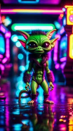 sexy stunt furry hairy alien ninja gremlin in telephone both parked in dark neon lit reflective wet arcade hall tunnel,bokeh like f/0.8, tilt-shift lens 8k, high detail, smooth render, down-light, unreal engine, prize winning