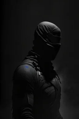 Background is dark grey, almost black. There is a head and torso silhouette looming in the picture, completely masked by a black kevlar suit.