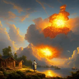  Jesus on the background of a nuclear explosion, in the dark, darkness, photorealistic illustration, 8k