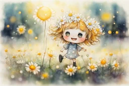 cute chibi anime smiling faced daisy flowers playing football in sunshine, styles of Paul Klee Dee Nickerson and Tim Burton, melting watercolor and black ink outlines on wet paper, soft, shading strokes, in sunshine, ethereal, cinematic postprocessing, bokeh, dof