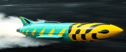 full speed aqua hornet patterned double banana space vessel with black and yellow wasp stripes