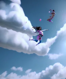 Ultra realistic speed clouds sky scene, wide angle view, sweet childs falling down, inflatable color clothing, free jumping flying, many trinkets, monster head, hair monster, many jelly beans, balls, smile, happy, circus style, extreme, wind, clouds sea, 20,000 feet altitude, stratosphere, soft color, highly detailed, unreal engine 5, ray tracing, RTX, lumen lighting, ultra detail, volumetric lighting, 3d, finely drawn, high definition, high resolution.