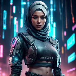 Fhoto full body, reality, Raw, hijab as cyberpunk warrior, digital art, with logo text "addie", intricate details, powerful composition, captivating, , trending on artstation, sharp focus, studio photo, intricate details, highly detailed high tech, by addie_digi