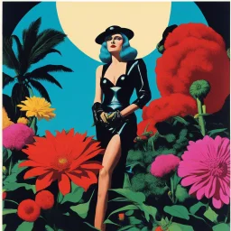 [colour collage art by Helmut newton and David Hockney] false east, nightmare embrace, pulp sci-fi, retro, dark sci-fi, hippie aesthetic, flower power, trippy colors, tarot, macabre, pin-up girls