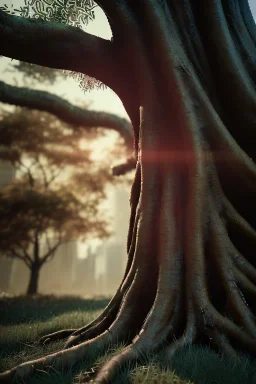 Cyberpunk theme, portrait of Oak tree roots holding baby inside, misty sunny day, close-up portrait, symbios