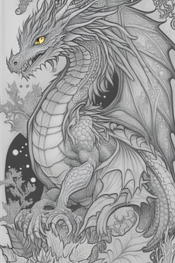 coloring book page of a magical dragon,monochrome, black and white, sharp, sketch drawing