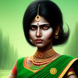 portrait, ultra realistic, femme guerrière indienne aux cheveux noirs avec une mèche verte