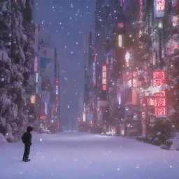 foto tirada por tras de um homem solitário sentado no chão, nas ruas de tokyo, na neve na noite de natal