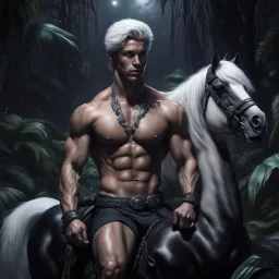 Hyper Realistic shirtless handsome muscular prince with short black hair sitting on a black horse with white hair in a dark jungle with big growling crystals at a dark night