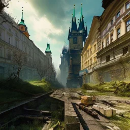 Prague abandoned city centre,National museum,Highly detailed, postapocalyptic,overgrown statues, Greg Rutkowski