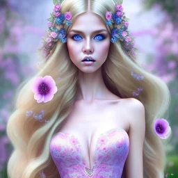 corps entier de pieds de belle jeune femme féerique blonde avec cheveux longs, yeux bleus , beau visage détaillé, robe longue rose, dans un jardin magique et fleuri