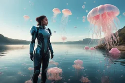 A young woman in an android suit, standing next to a lake, with many jellyfish floating through the air.