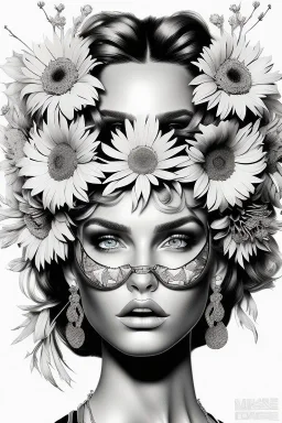 hyper detailed, black and white, thick line, coloring book illustration, lineart, stunningly beautiful woman in flowers