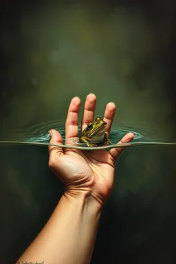 Bosch painting style nightmare a small hand of baby in water trying to hold a frog inside the water in the background