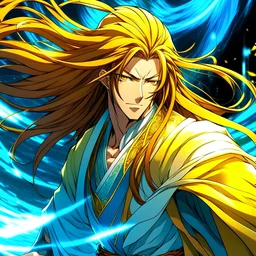 Ryuujiro cuts an ethereal figure, his form seeming to blur at the edges as if caught between realms. His long, flowing golden-brown hair cascades down his back like molten sunlight, each strand shimmering with an otherworldly glow. His icy-blue eyes, sharp and piercing, hold a hint of mischief and mystery, seeming to dance with flickering flames. Adorning his angular face is a neatly trimmed goatee, adding a touch of sophistication to his otherwise playful demeanor.