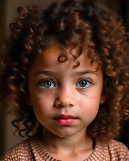 A five-year-old girl with curly hair, very few eyebrows, not very fair skin, black eyes and small lips