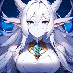 cosmic mage, elf, female, battle mage, epic, cosmic magic, long ears, white hair, face details, pale skin, jewellery, broad shoulders, sharp ears, cosmic clothes, cosmic eyes, ears shown, light out of eyes, the cosmos in eyes, stars in eyes, shining eyes, non human face, thin face, animation, detailed ears, magical eyes, non realistic, closed mouth, bigger make up, smile