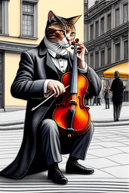 One single mature cat playing violin on the street, Vienna,thoughtful, mourning, model style, hyper realistic, extremely accurate, delicate, extremely detailed, Graphic novel style, wide-angle, open aperture, superfine pencil