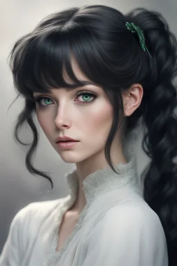Slowly raising her head, she looked at him with expressive green eyes. Her black hair with gray highlights was wavy, gathered in a small ponytail, and pearl-shaped invisible hairpins to cover the bangs that hindered her eyes, decorated her delicate face.*