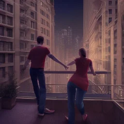 a man pushing a woman over a balcony, downtown new york at night, dramatic, dramatic lighting, volumetric lighting, hyperrealism, 8k, high quality, photorealistic, lot of details