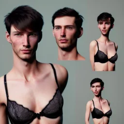 a short hair guy with a boyish face a beautiful cleavage in a lace neckline with a man's short haircut a thin waist and wide hips in bra and amulet of black magic