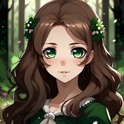 Teenage girl, anime style, wavy brown hair that comes down to her shoulders, white sparkly headband, forest green eyes, smokey black eyeshadow style, tanish skin