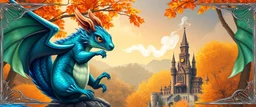 portrait of a shiny blue and green dragon squirrel in autumn, flying above wooden castle, breathing smoke, book cover illustration, with metallic transparent wing border on left and right of frame