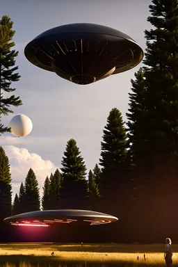 hundreds of school kids see a ufo, flying over tall pine trees, concept art, by Asaf Hanuka, by Weta Digital, Electric Colors, Screen Space Global Illumination, in a symbolic and meaningful style,