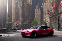 A Tesla 'Model S' is parked, on 'Wall Street', in New York. (CINEMATIC, WIDE ANGLE LENS, PHOTO REAL)