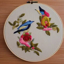 exquisite whimsical birds in embroidery hoop, intricate, highly detailed, linen and wood backdrop