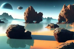 exoplanet in the horizon, big stones, lagoon, cliff, science fiction, epic scene.