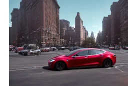 A Tesla 'Model Y' is racing at top speed, near the Flatiron Building in Manhattan. (CINEMATIC, WIDE ANGLE LENS, PHOTO REAL)