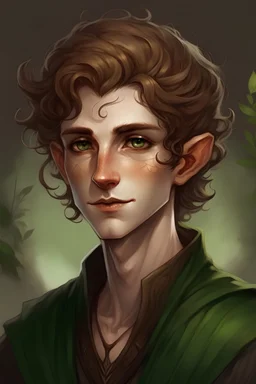 Photo of an androgynous wood elf with dark green skin and short, light-brown hair that is loosely curly.
