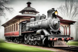 An old vintage train station on a foggy day, add deep dark color and reflections in and around the old stempunk train