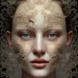 broken, cracked-open woman's face, fine detail, highly intricate, wearing bridal veil, modern surrealism painting, identity crisis, high-quality, volumetric lighting, 8k, ultrahd, George Grie, Marco Escobedo, Igor Morski