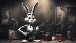 photorealistic deppressed dark melancholic sad Bugs bunny with blackeye deppressed doing music rock and roll dark heavy metal on a scene alcoholic, ciggaretes ciggaretes sad sad sad sad ciggarets