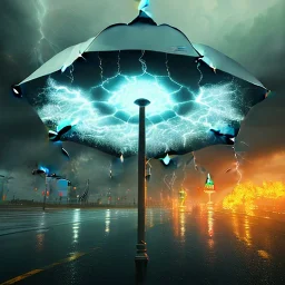 A giant umbrella. Big Open umbrella. open on a city street. Umbrella Fire. stormy day. lightning and storm clouds. Horizon. Dark sky, cascade, rain. Elegant. Extremely detailed. Award winning photography. Fantasy. 8k. Cinematic lighting. Photorealistic. Dynamic lighting. Imperial colors. Crisp quality. Unreal Engine. Colourful cinematic postprocessing.. VRay.