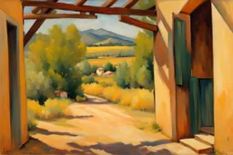 sunny day, mountains, trees, dirt road, countryside, nostalgy influence, adobe house, wilfrid de glehn and paul cezanne impressionism paintings