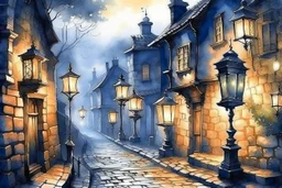 Prompt: a lantern glowing softly on a cobblestone street, mist swirling, with old Victorian houses lining the path, watercolor, mysterious, nocturnal