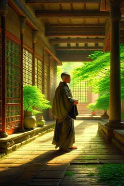 Shirokai was raised in a secluded monastery, where the monks devoted themselves to the study of ancient martial arts and the pursuit of inner peace. He was an orphan, brought to the monastery's doorstep as a baby, and the monks raised him as one of their own. photorealism, depth of field, lightrays, downligh, anime