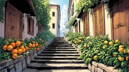 comic art graphic novel art, comic illustration, highly detailed A city with wooden shutters closed, surrounded by vibrant golden fruits like oranges and lemons, as well as lush green herbs growing abundantly on both sides of stone stairs that ascend and descend in the foreground.