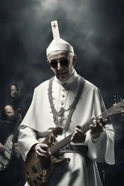 papež hraje v blackmetalové kapale na baskytaru, fotorealistické