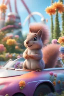 plexi glass tower, portrait cute fluffy wolly squirrel with berret in a car by a water slide holding weird flowers in the style of pixar, on a strange planet with weird colors and wind turbines, bokeh like f/0.8, tilt-shift lens 8k, high detail, smooth render, down-light, unreal engine, prize winning